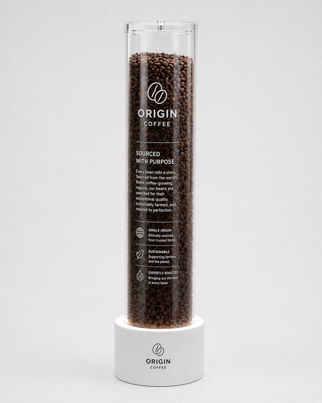 Bespoke acrylic coffee bean display tube with branded graphics for coffee shop retail POS