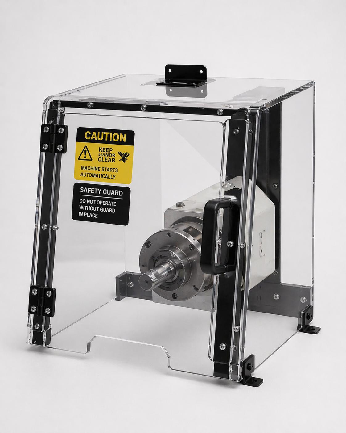 Clear acrylic machine safety guard enclosure with hinged access panels for industrial equipment