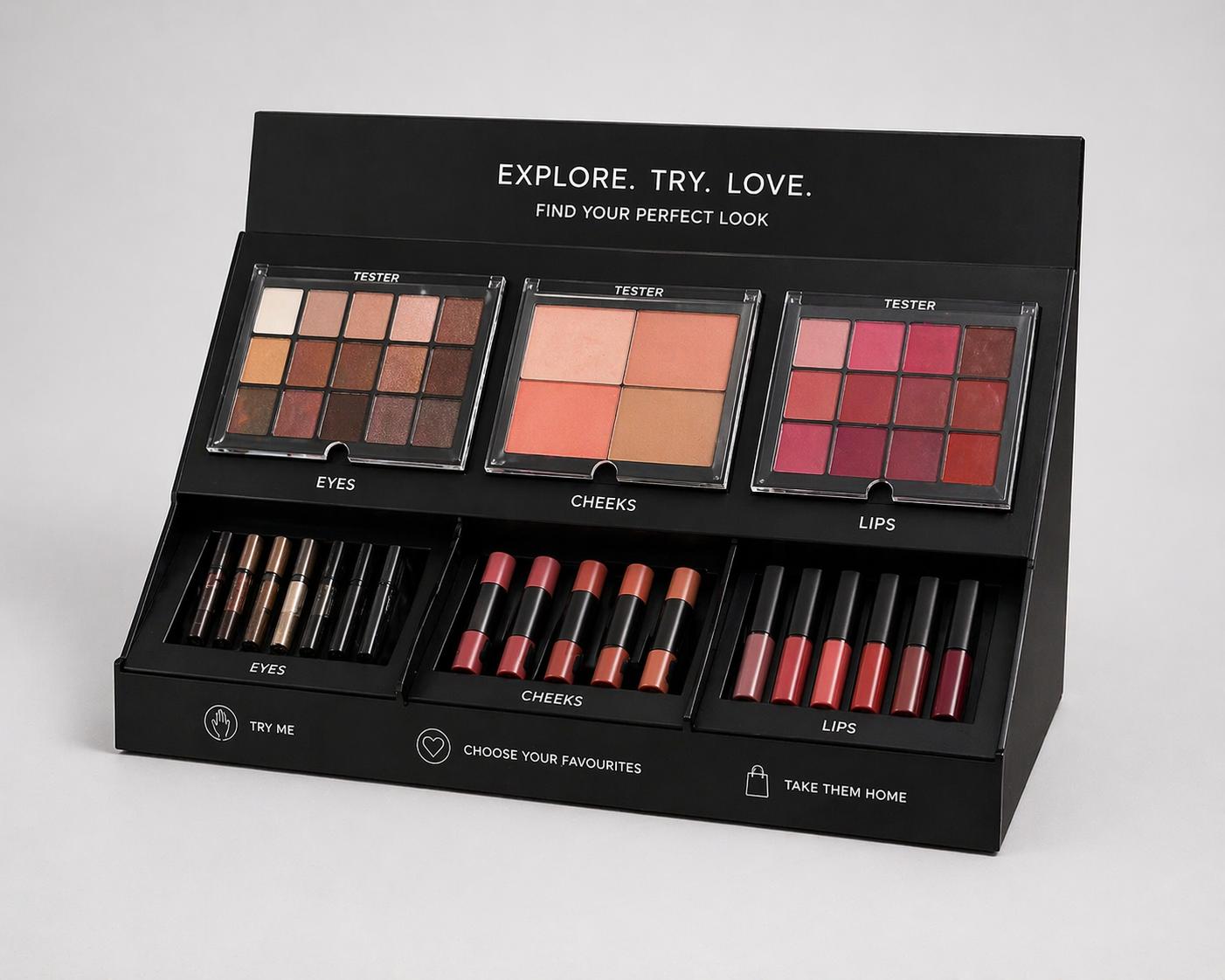 Black acrylic cosmetics counter display with tester compartments for beauty retail