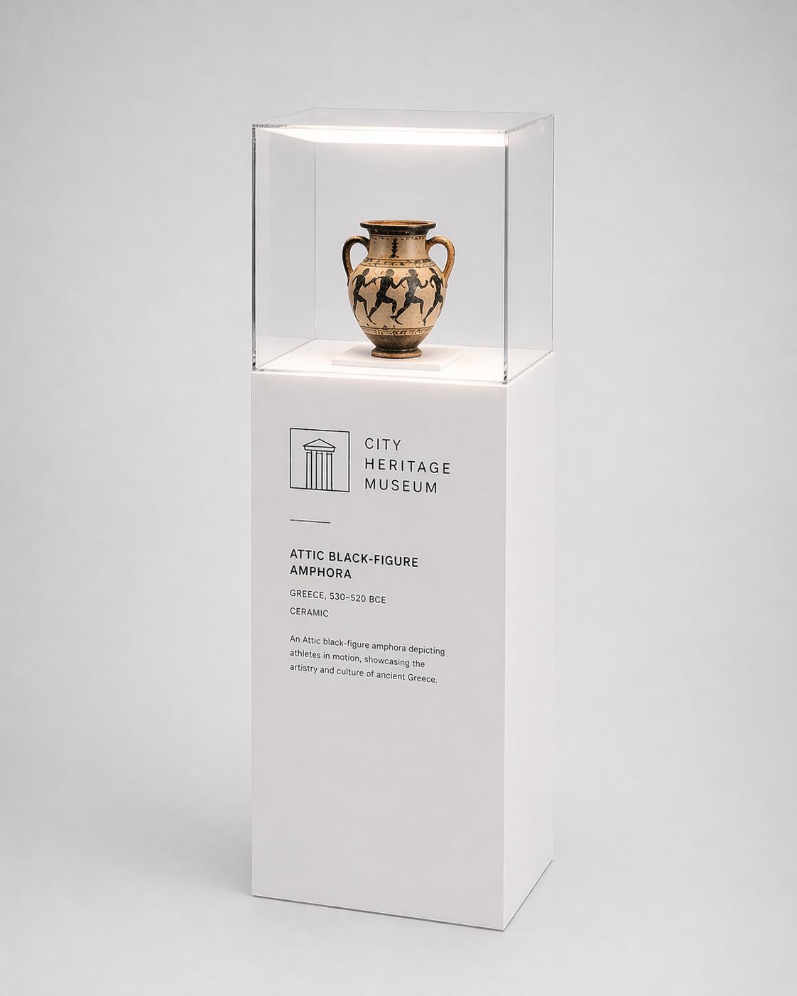 Museum acrylic display case on branded pedestal plinth for heritage artefact exhibition