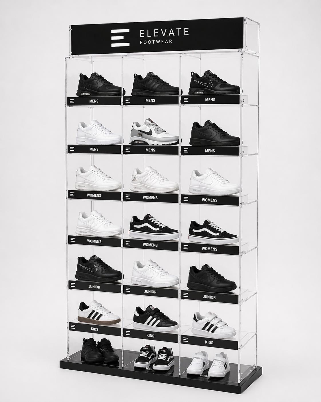Large floor-standing acrylic shoe display wall for retail footwear merchandising