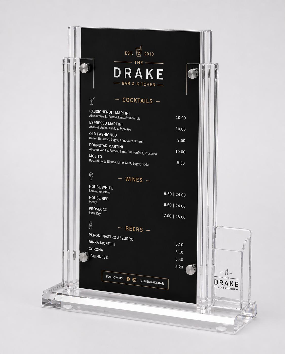 Bespoke acrylic menu holder with business card pocket for pub and restaurant use