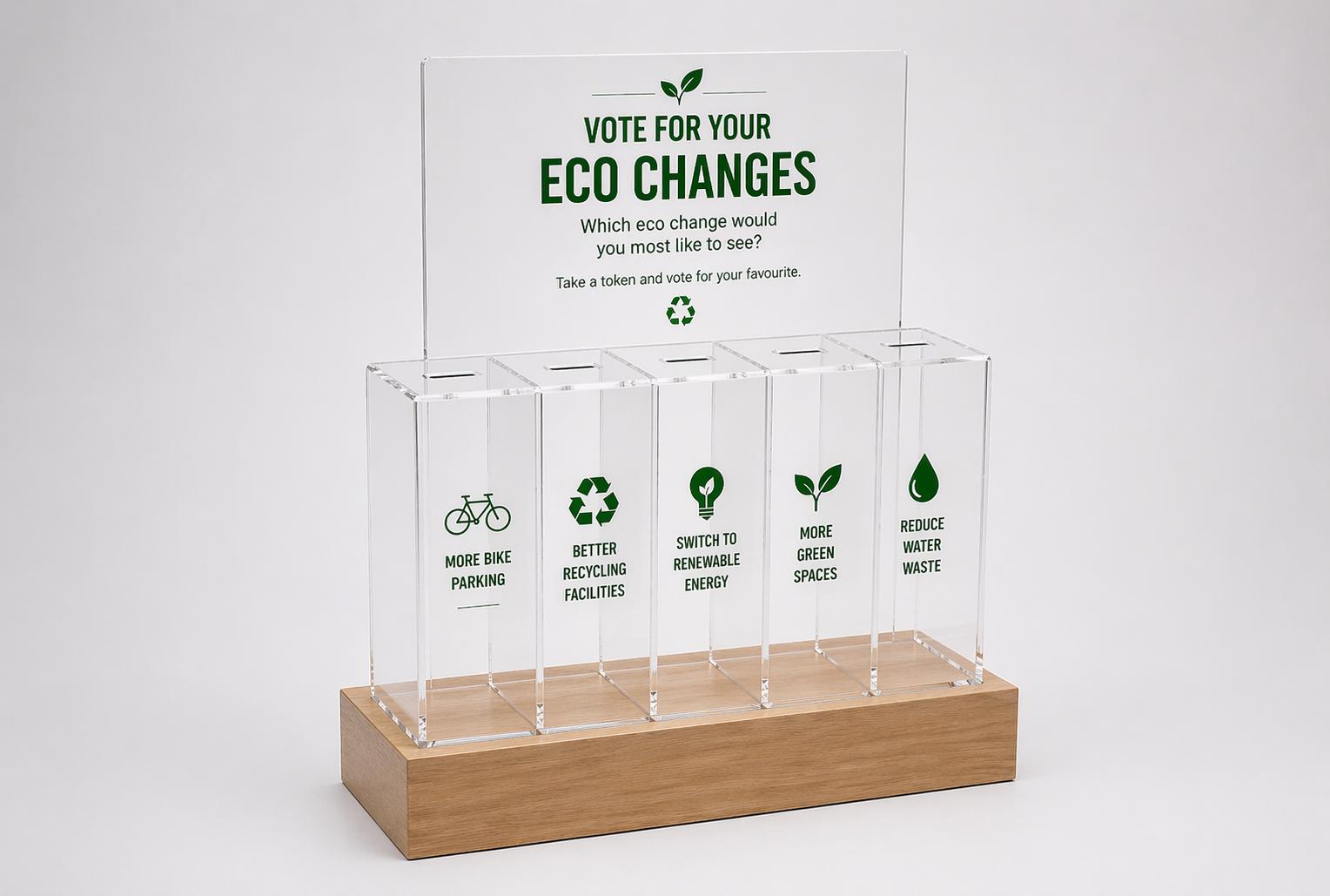 Bespoke acrylic voting token collection display with wooden base for community engagement