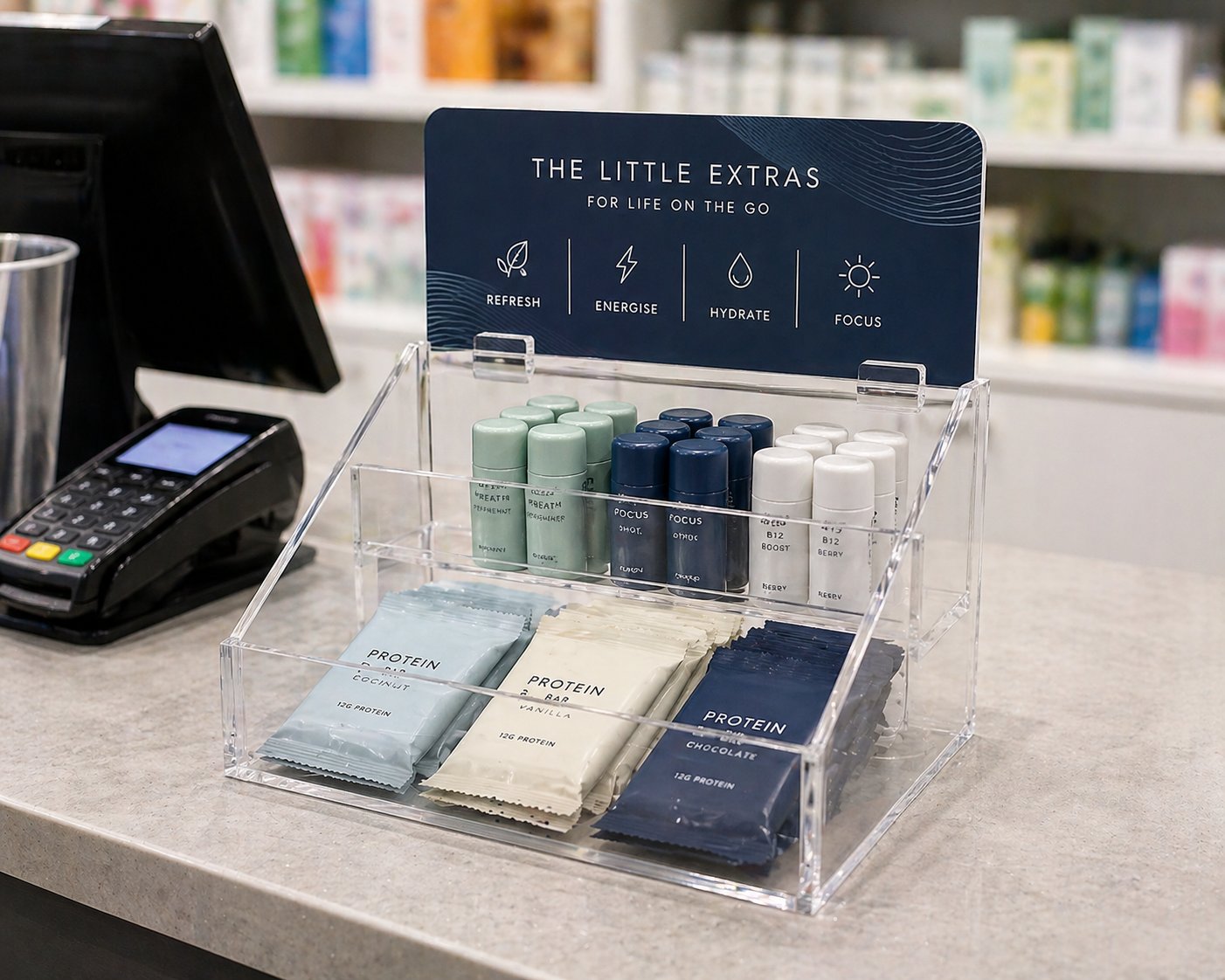 Acrylic counter POS display in retail shop environment next to till point