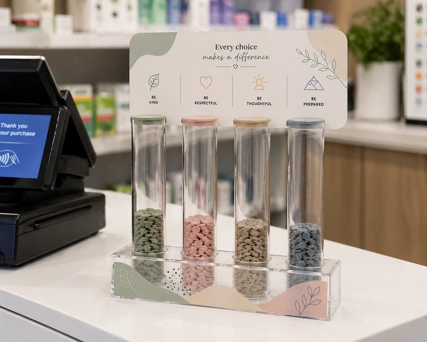 Bespoke acrylic token voting display with printed header on retail shop counter