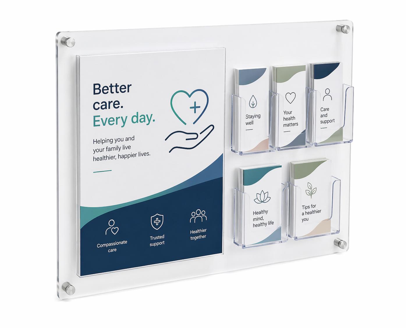 Wall-mounted acrylic leaflet holder with poster panel and brochure pockets for healthcare
