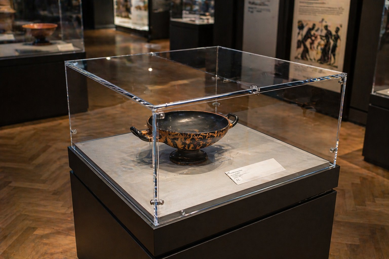 Acrylic museum display case protecting artefact in gallery exhibition environment